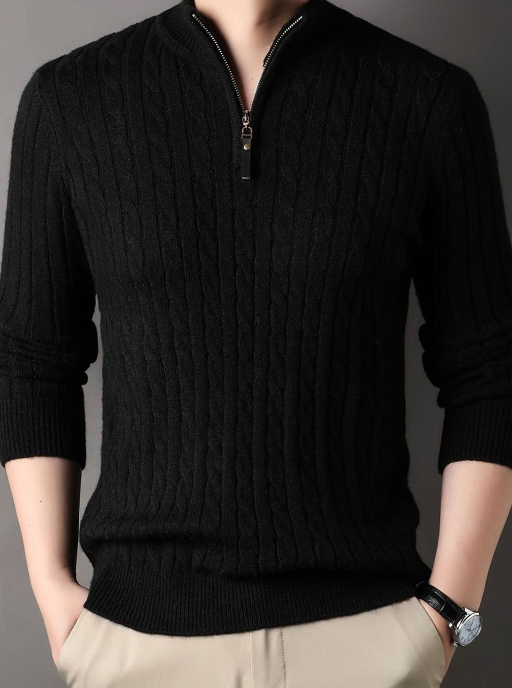 Men's Ribbed Cuff Half-Zip Cable Knit Pullover