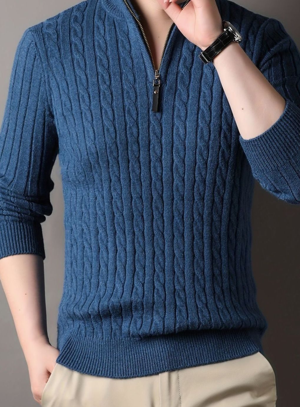 Men's Ribbed Cuff Half-Zip Cable Knit Pullover