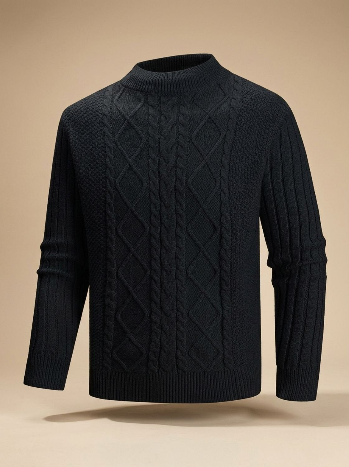 Men's Cable Front Panel Mock Neck Cotton Blend Knit