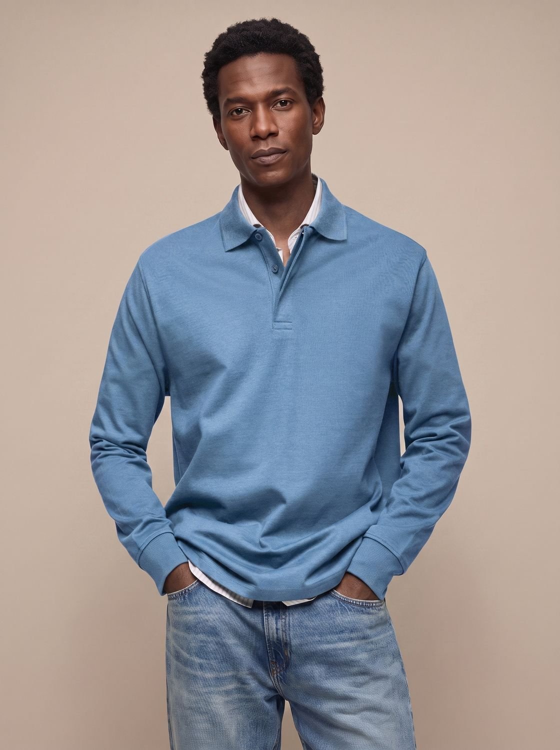 Men's Cotton Ribbed Collar Long Sleeve Polo Shirt