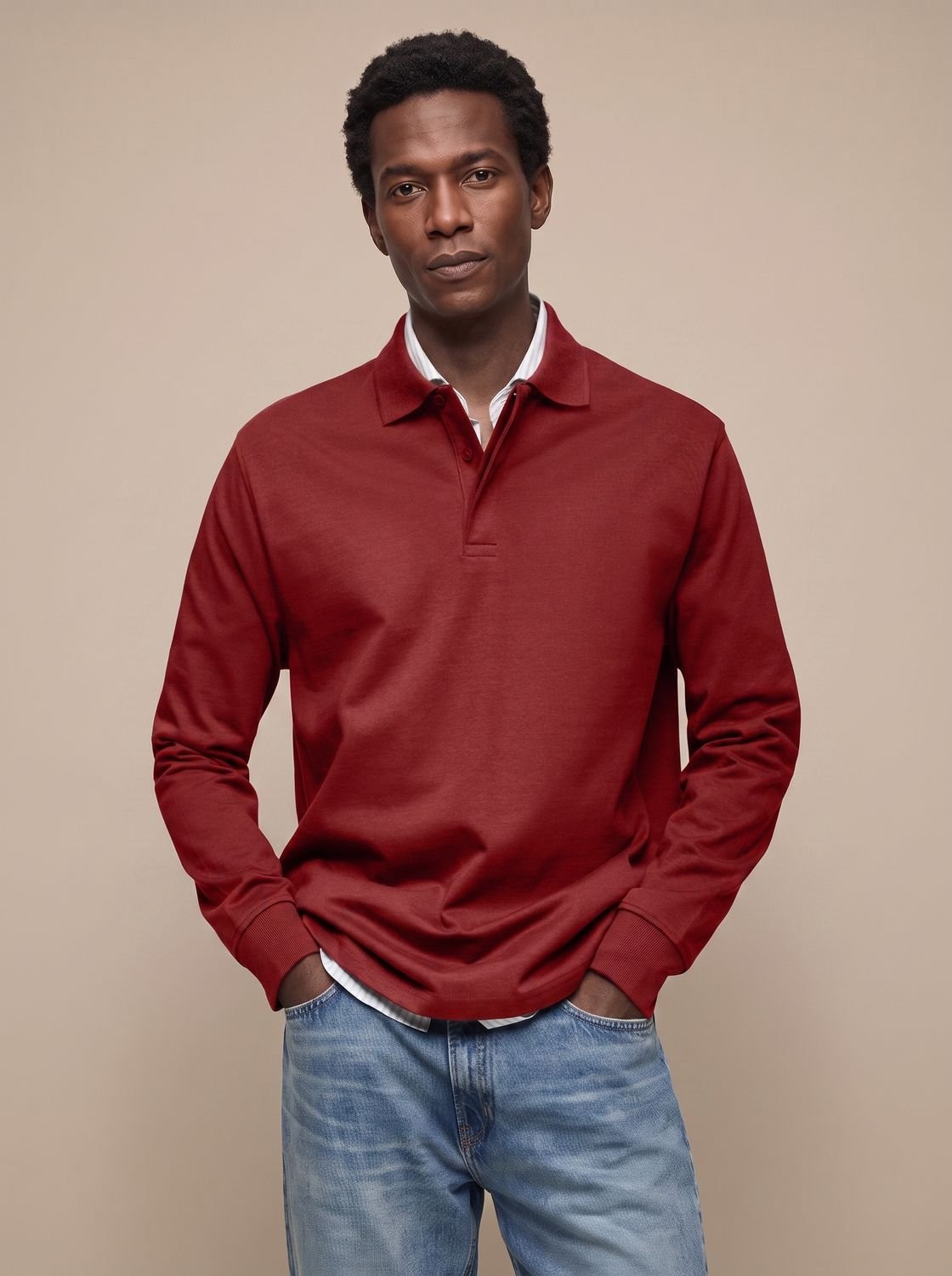 Men's Cotton Ribbed Collar Long Sleeve Polo Shirt