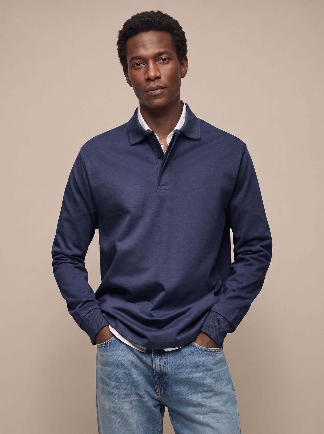 Men's Cotton Ribbed Collar Long Sleeve Polo Shirt