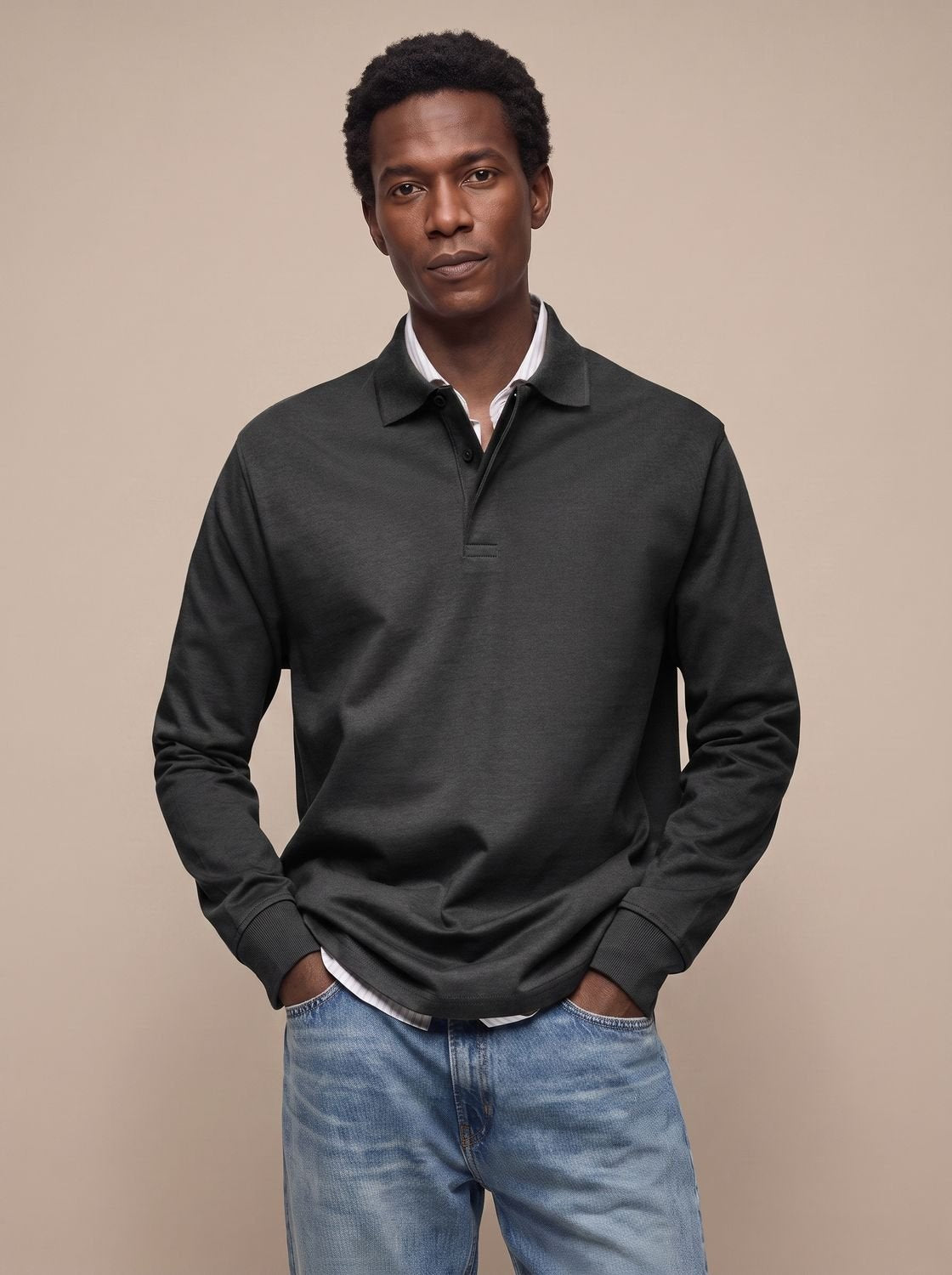 Men's Cotton Ribbed Collar Long Sleeve Polo Shirt