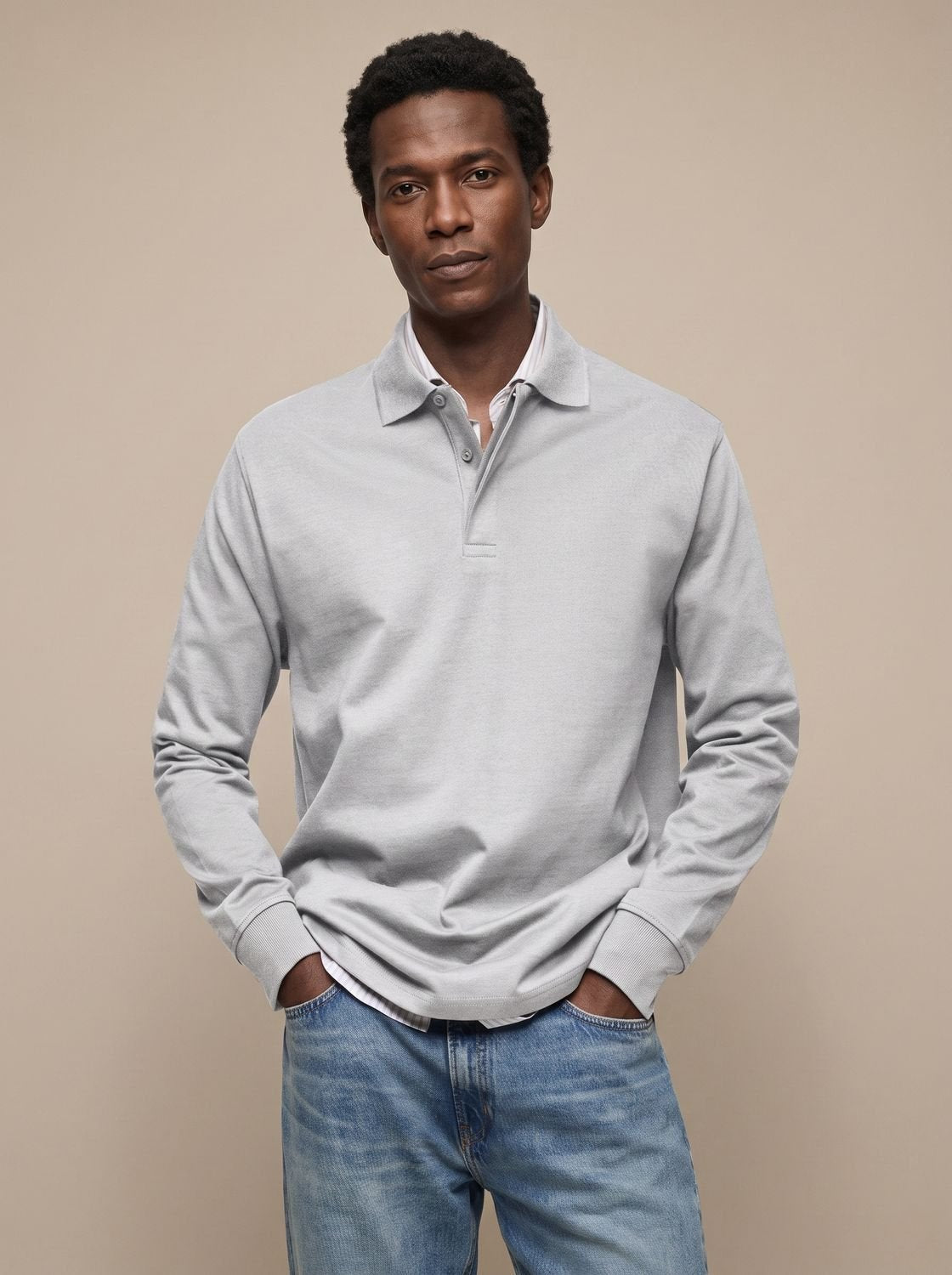 Men's Cotton Ribbed Collar Long Sleeve Polo Shirt