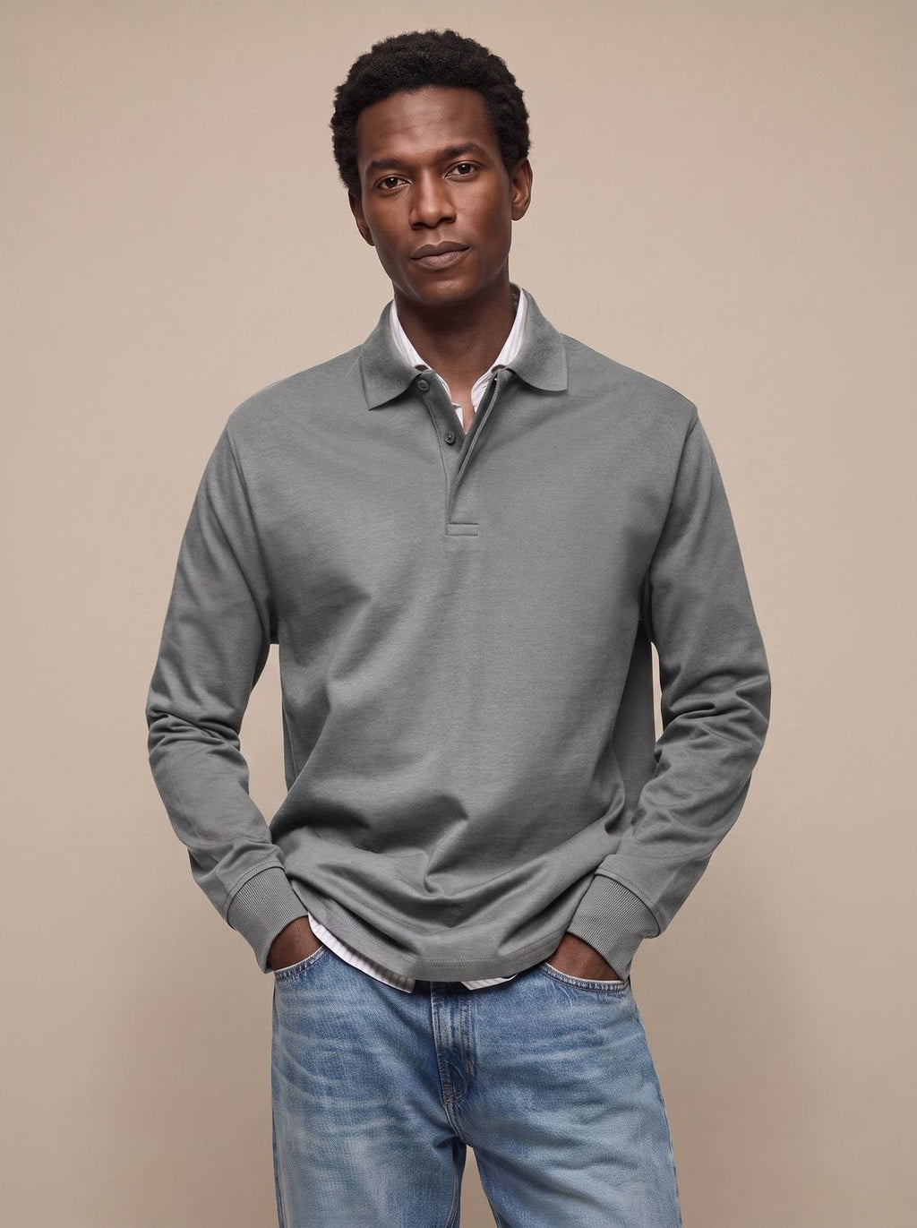 Men's Cotton Ribbed Collar Long Sleeve Polo Shirt