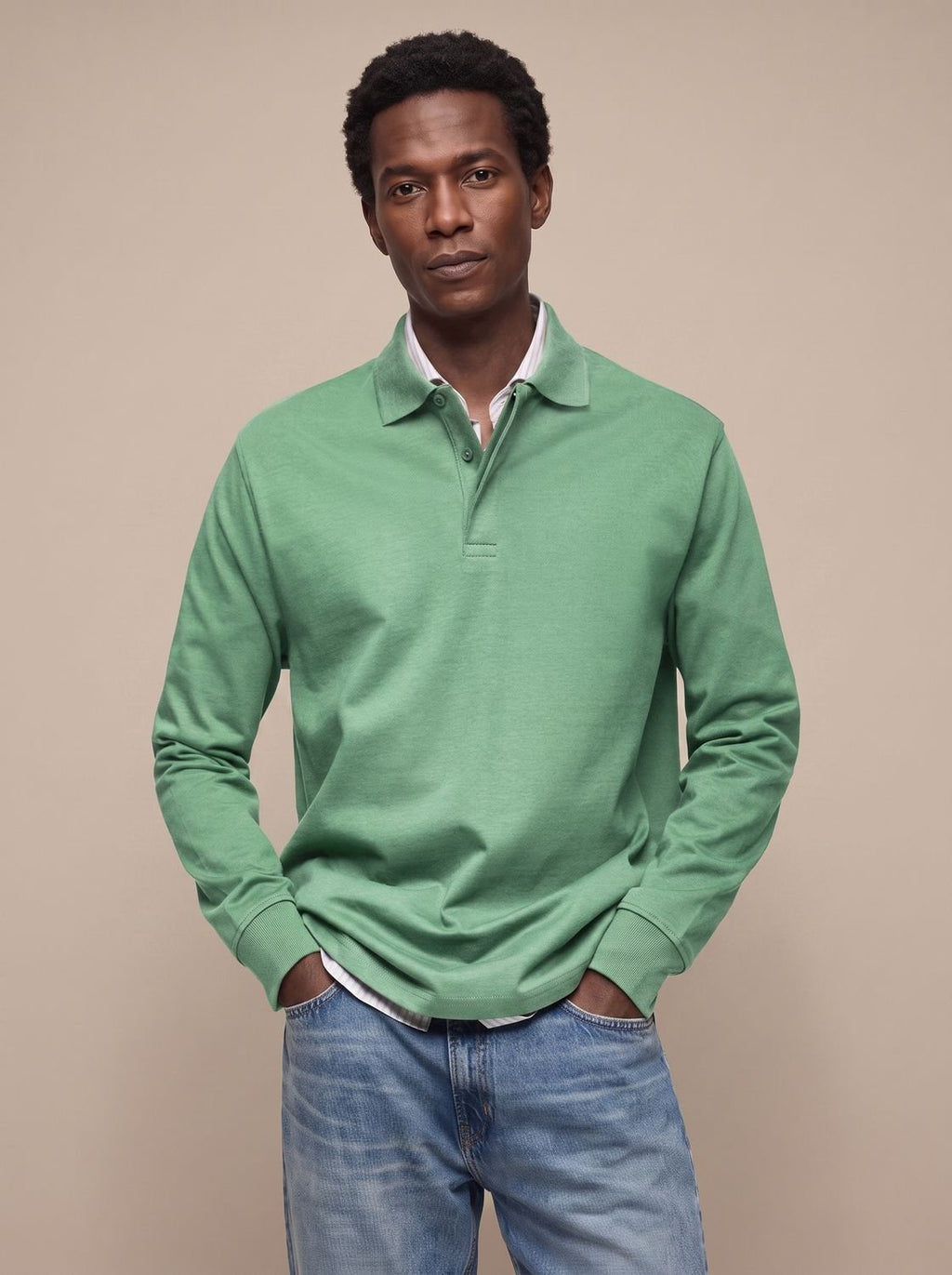 Men's Cotton Ribbed Collar Long Sleeve Polo Shirt