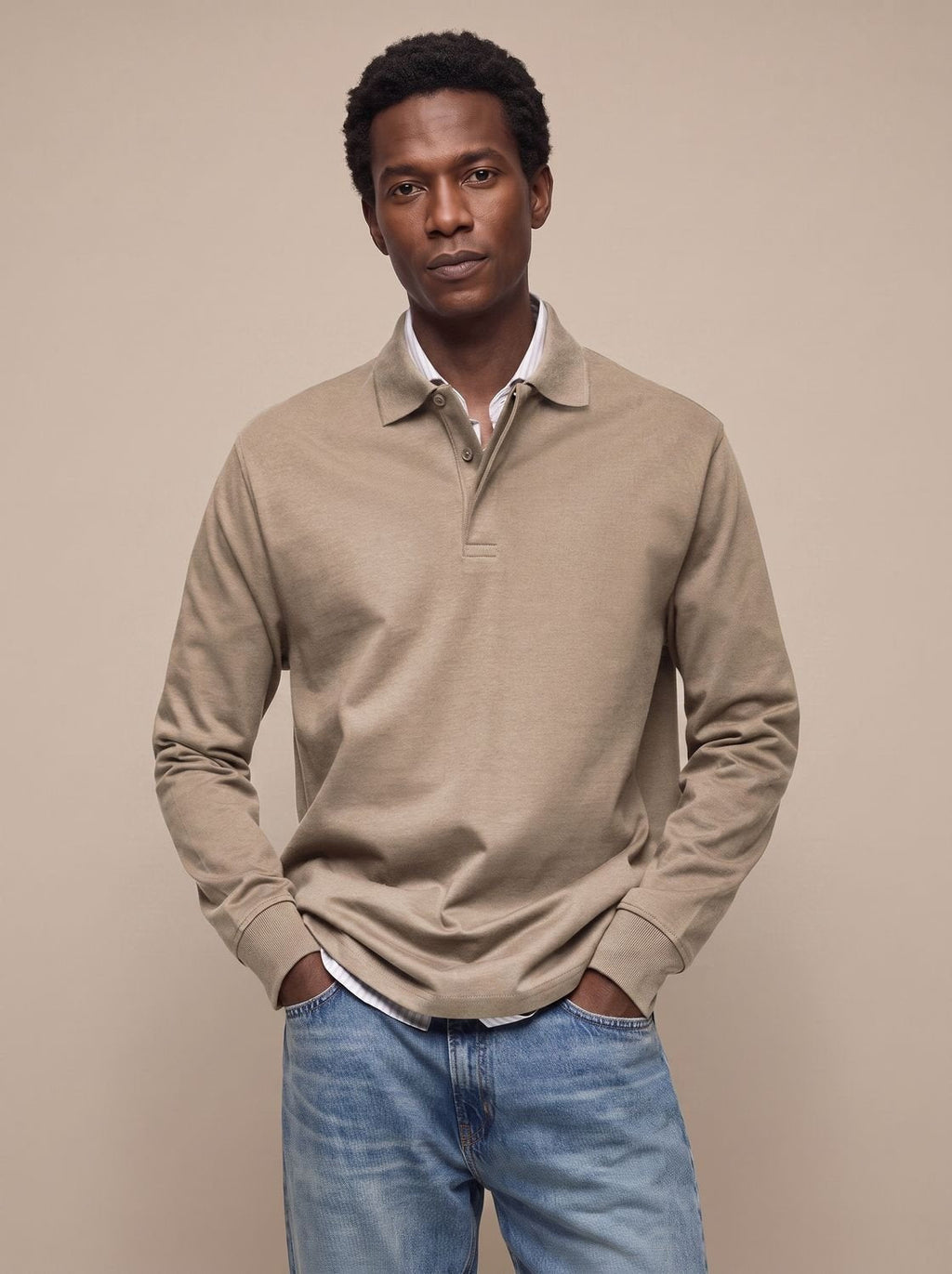 Men's Cotton Ribbed Collar Long Sleeve Polo Shirt