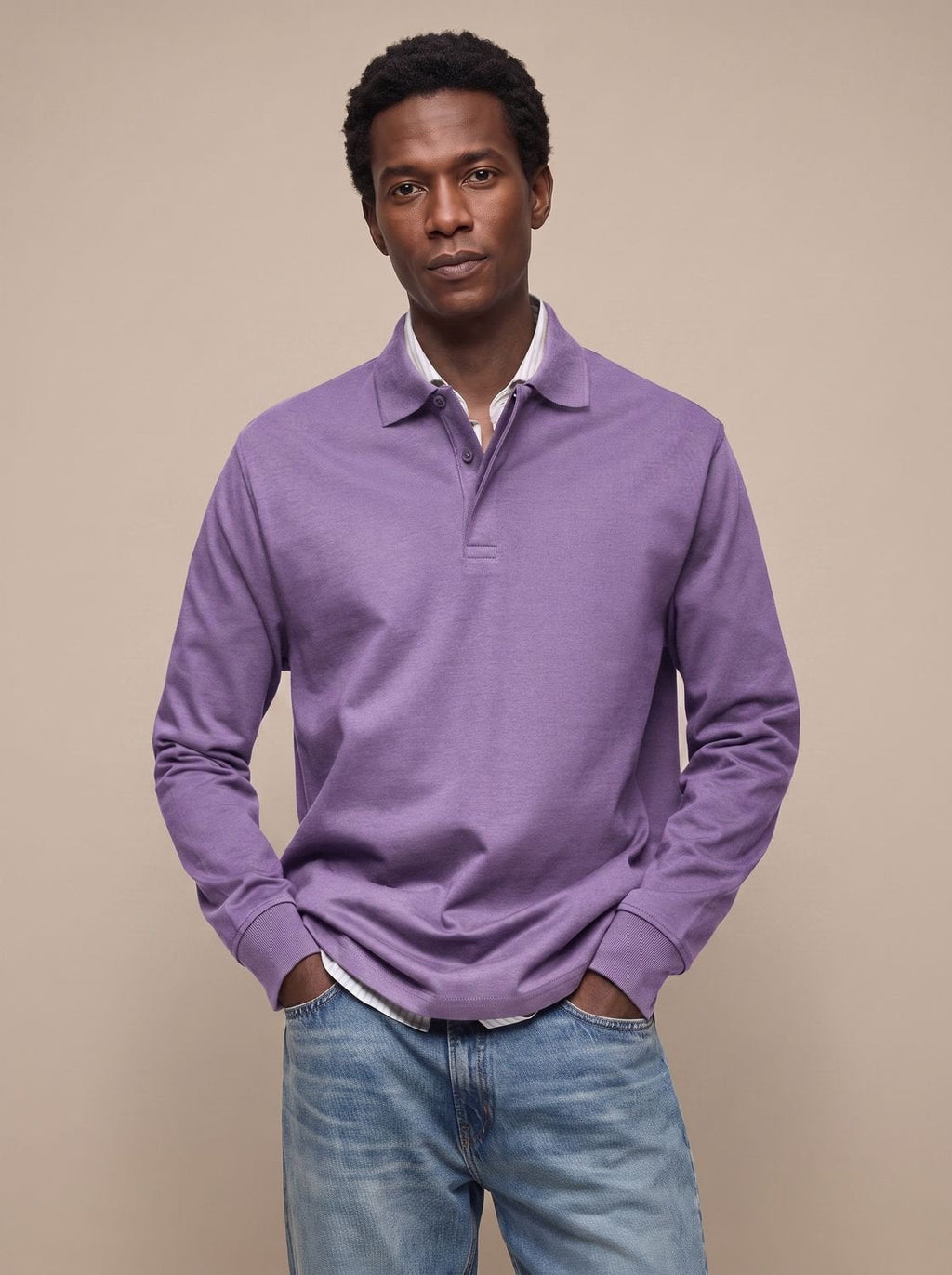 Men's Cotton Ribbed Collar Long Sleeve Polo Shirt
