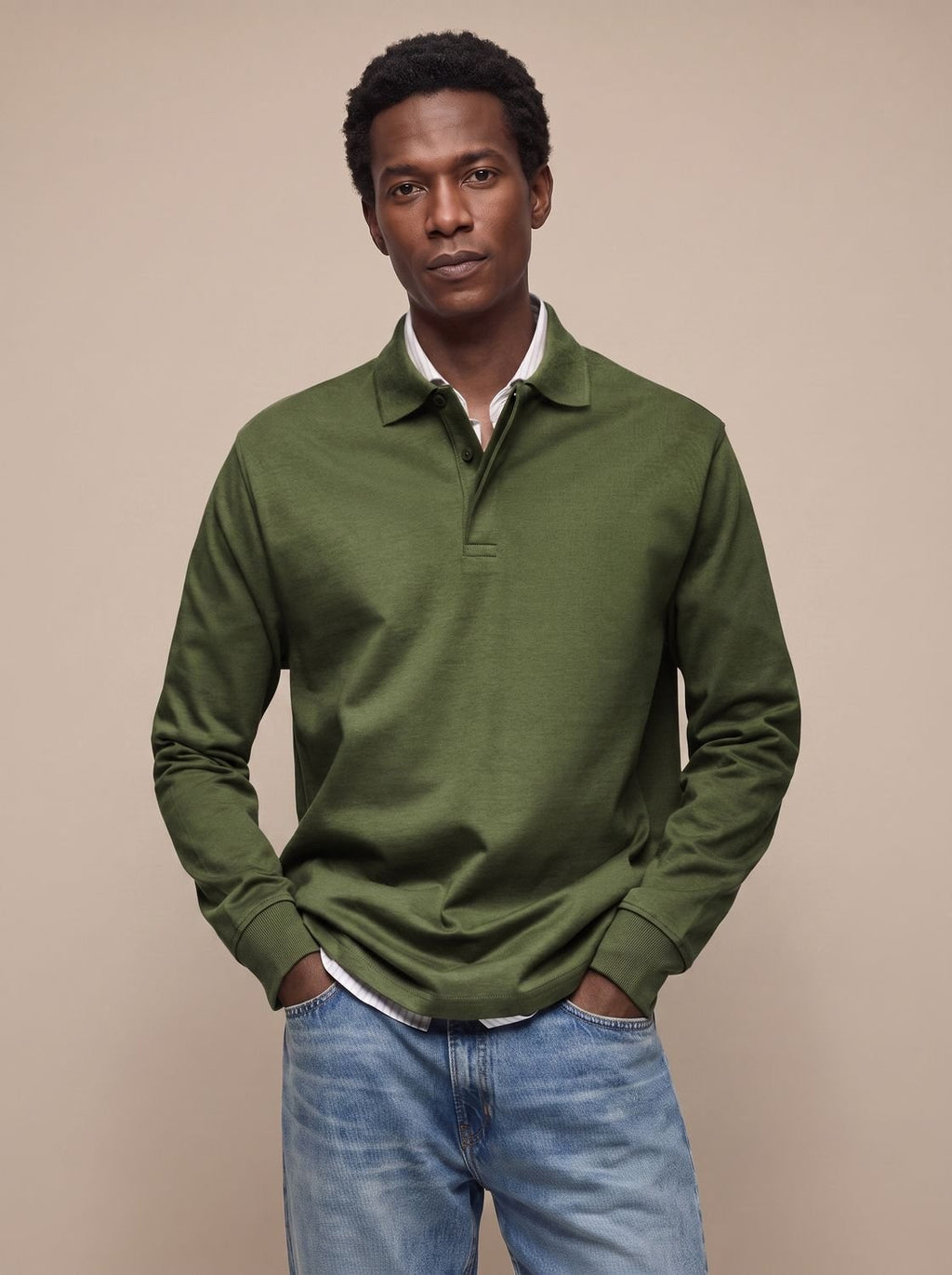 Men's Cotton Ribbed Collar Long Sleeve Polo Shirt