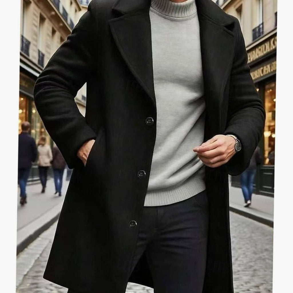 Men's Long Single-Breasted Wool Topcoat with Classic Cut