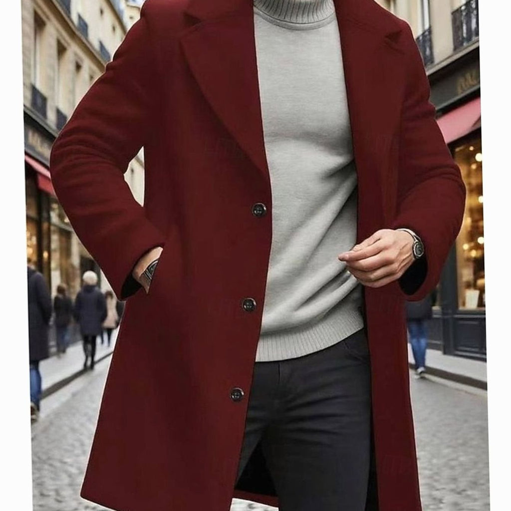 Men's Long Single-Breasted Wool Topcoat with Classic Cut