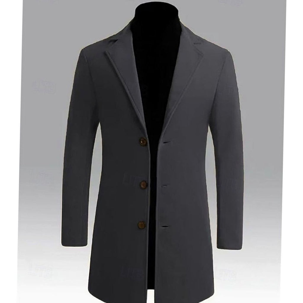 Men's Long Single-Breasted Wool Topcoat with Classic Cut