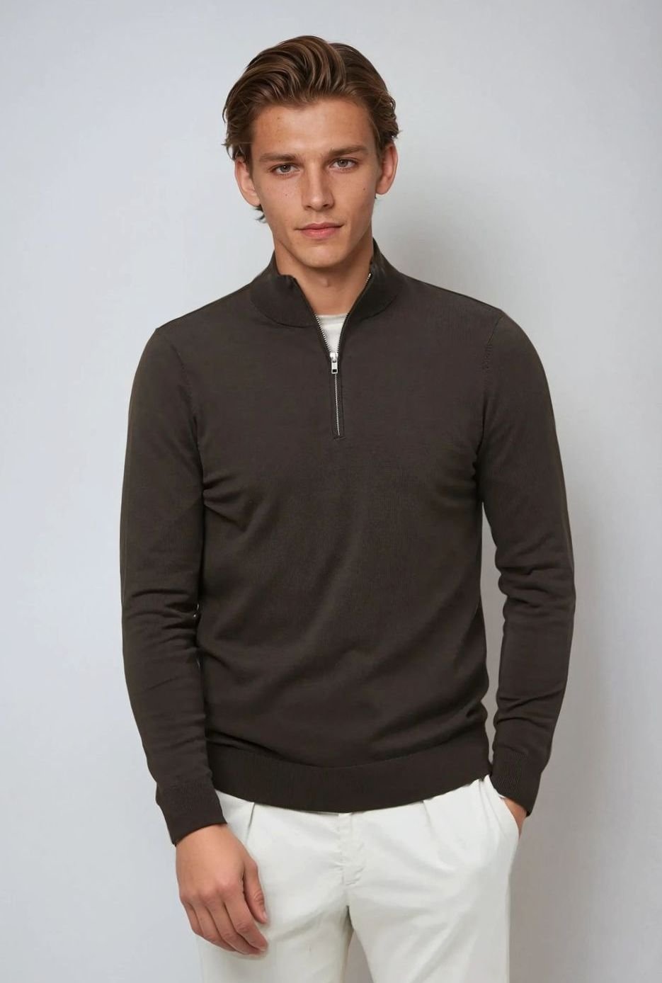 Men's Classic Quarter Zip Ribbed Cuff Knit Pullover