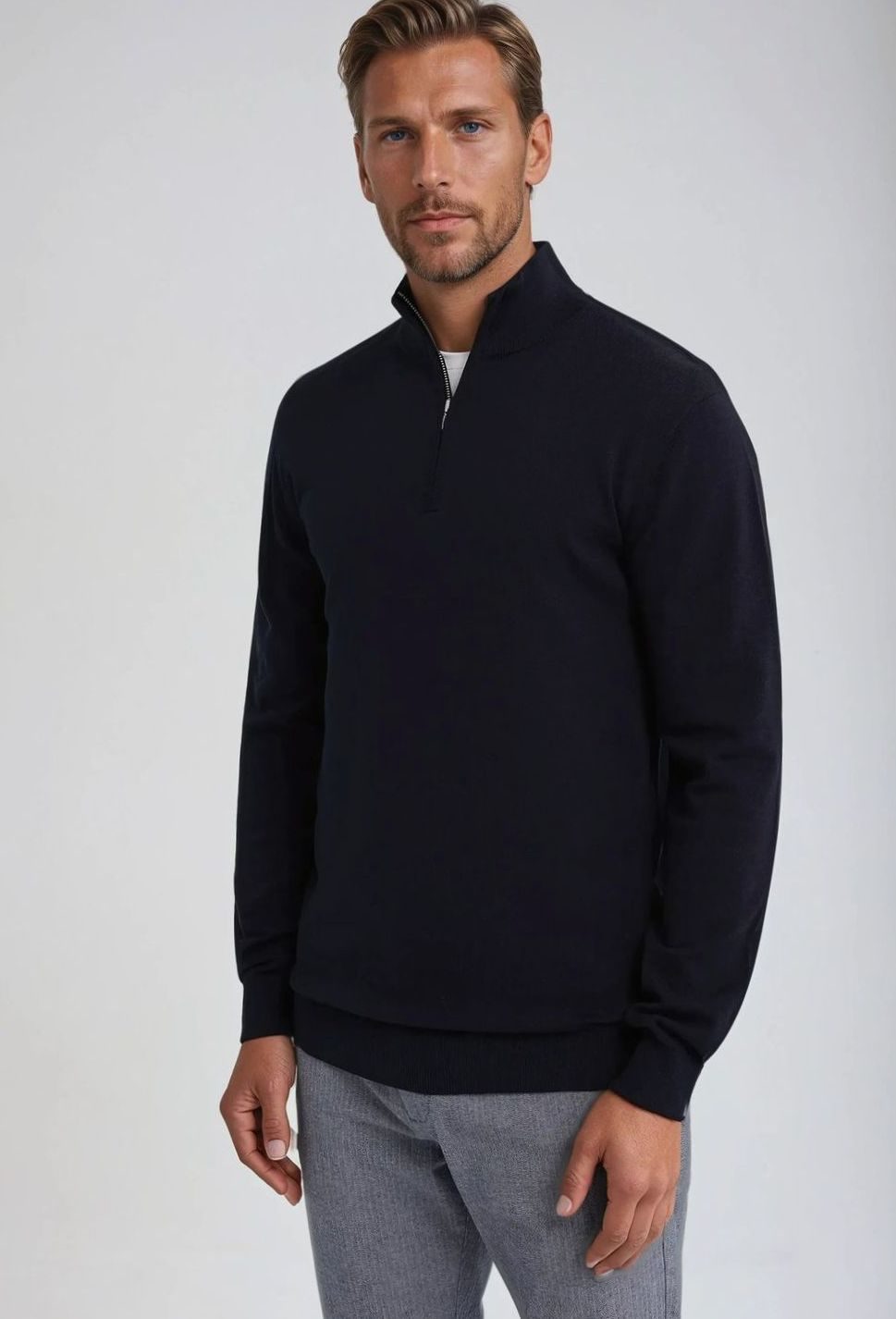 Men's Classic Quarter Zip Ribbed Cuff Knit Pullover