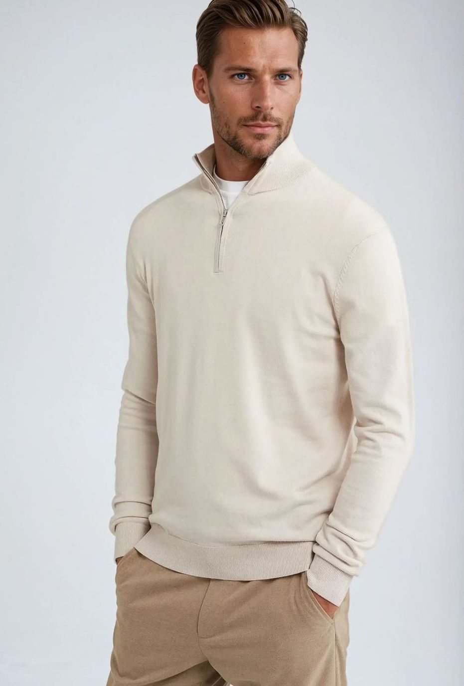 Men's Classic Quarter Zip Ribbed Cuff Knit Pullover