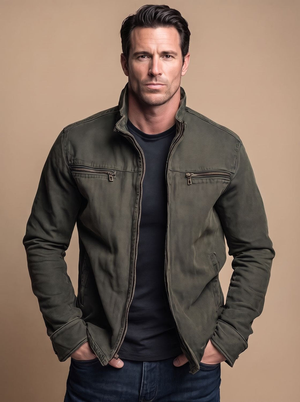 Men's Cotton Zip Jacket with Stand Collar and Pockets