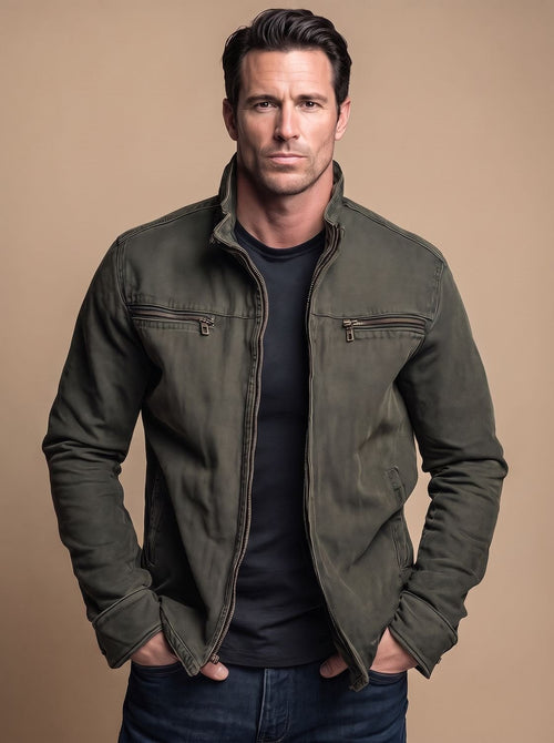 Men's Cotton Zip Jacket with Stand Collar and Pockets