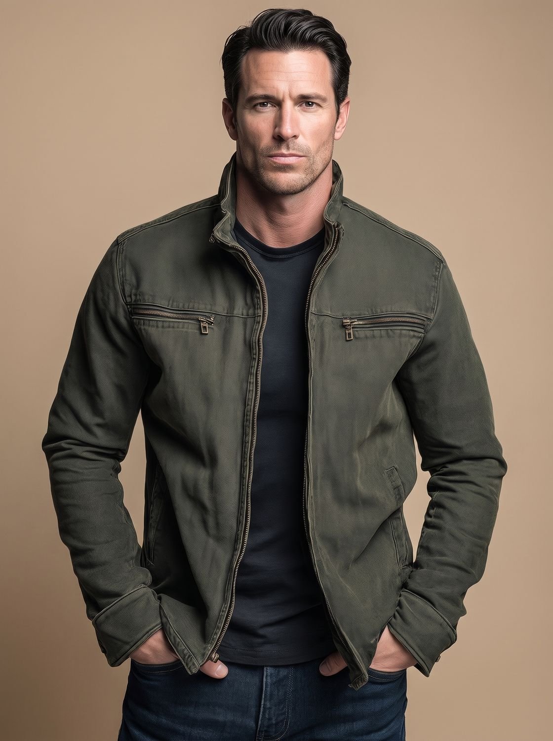 Men's Cotton Zip Jacket with Stand Collar and Pockets