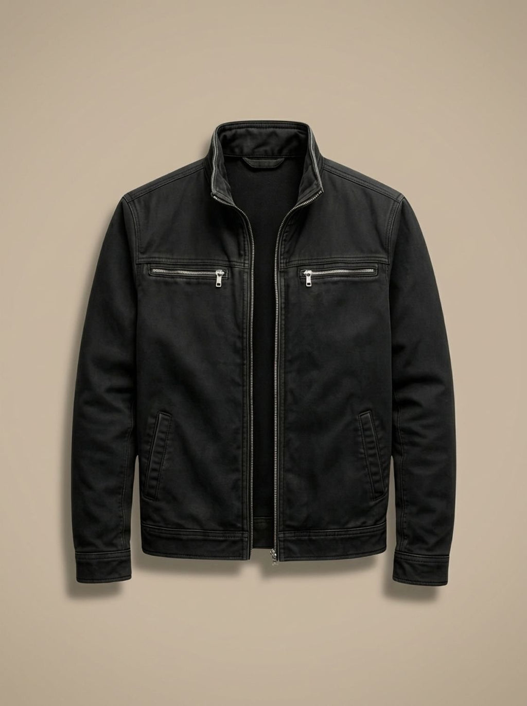 Men's Cotton Zip Jacket with Stand Collar and Pockets