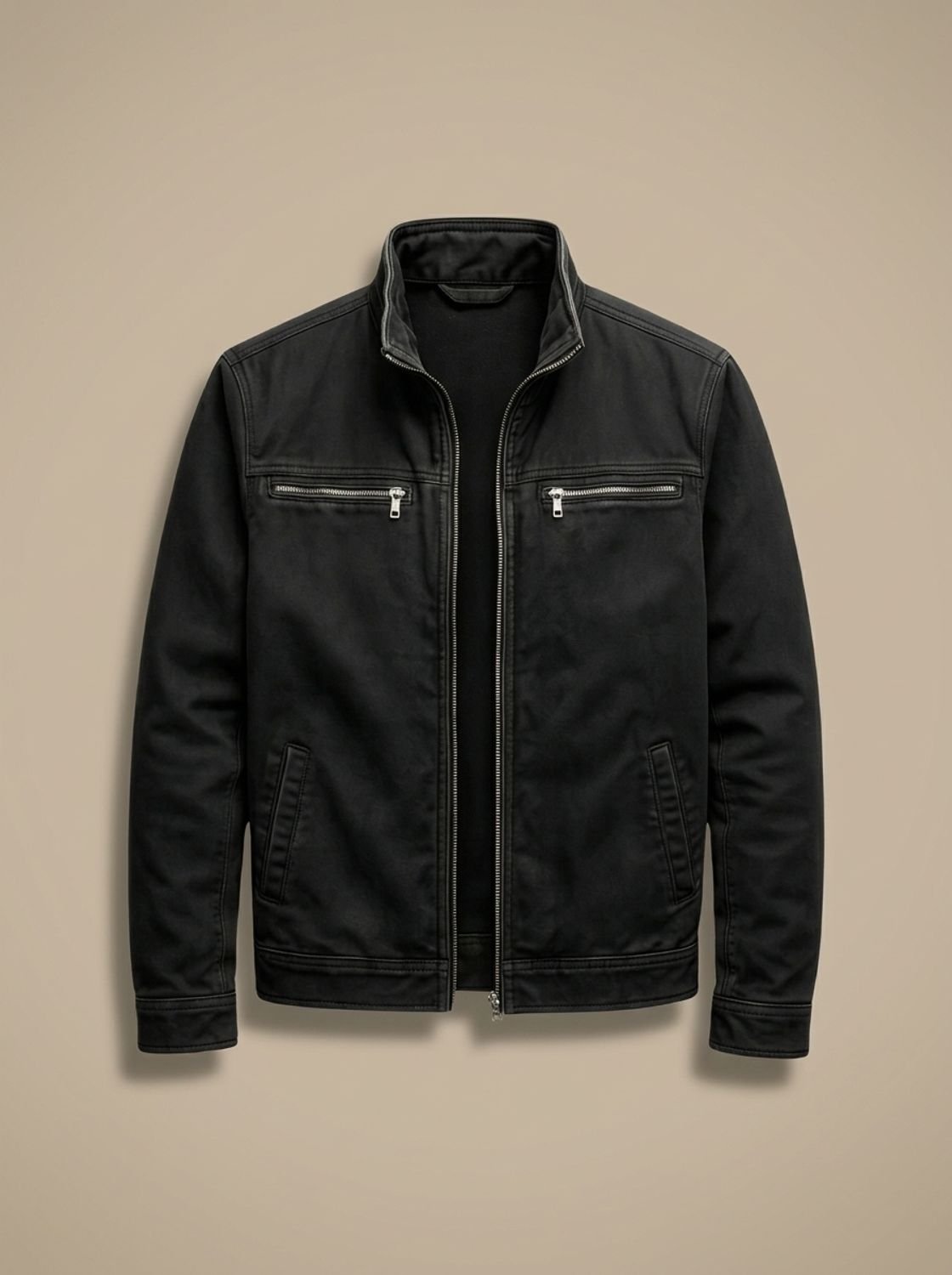 Men's Cotton Zip Jacket with Stand Collar and Pockets