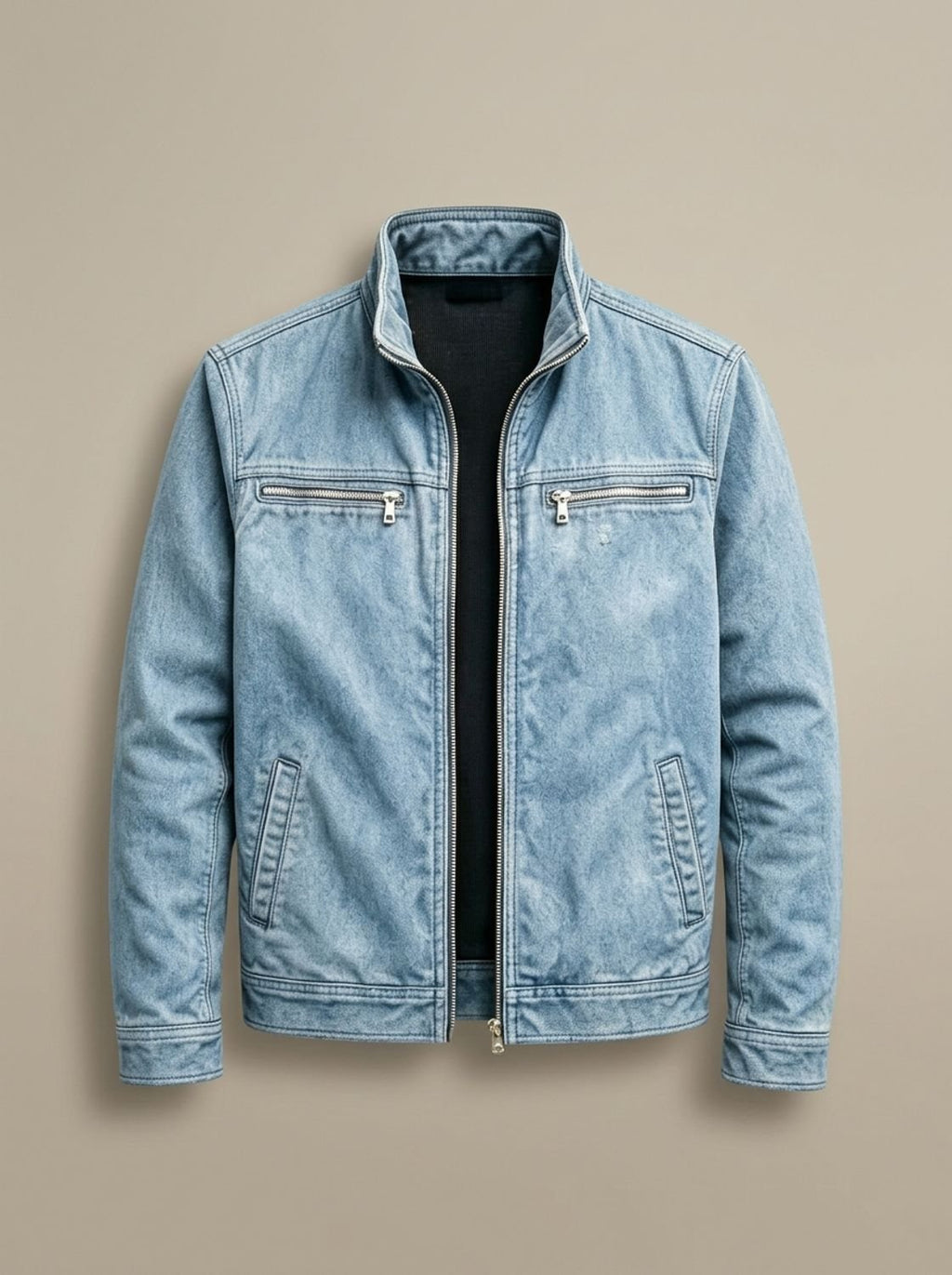 Men's Cotton Zip Jacket with Stand Collar and Pockets