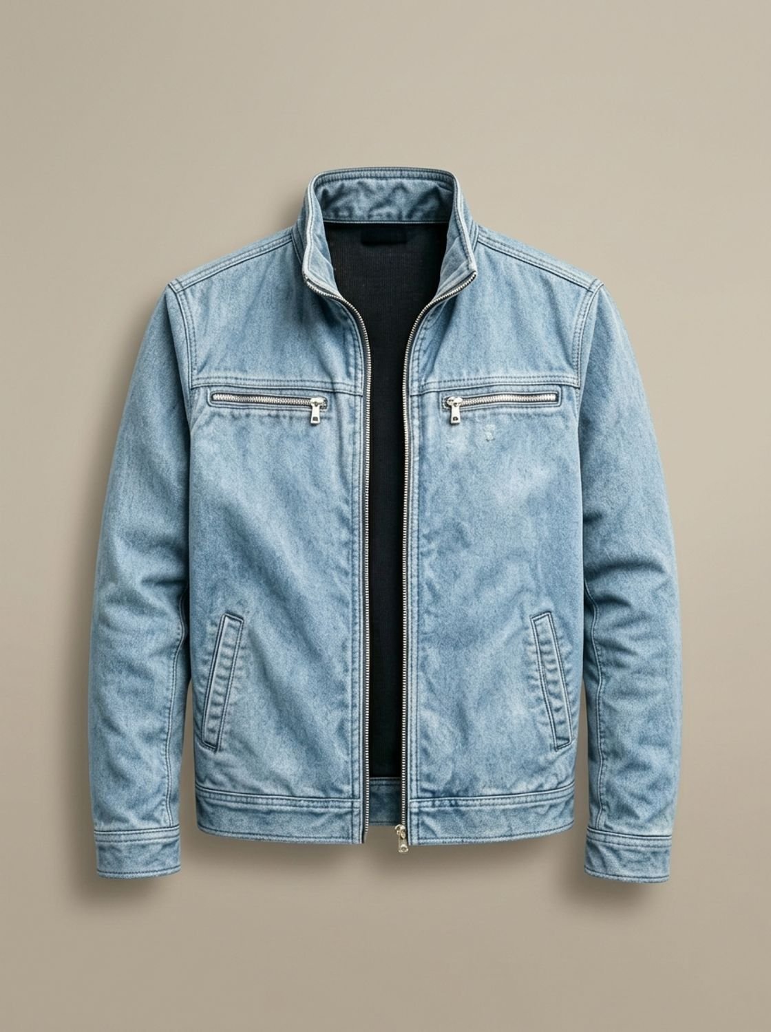 Men's Cotton Zip Jacket with Stand Collar and Pockets