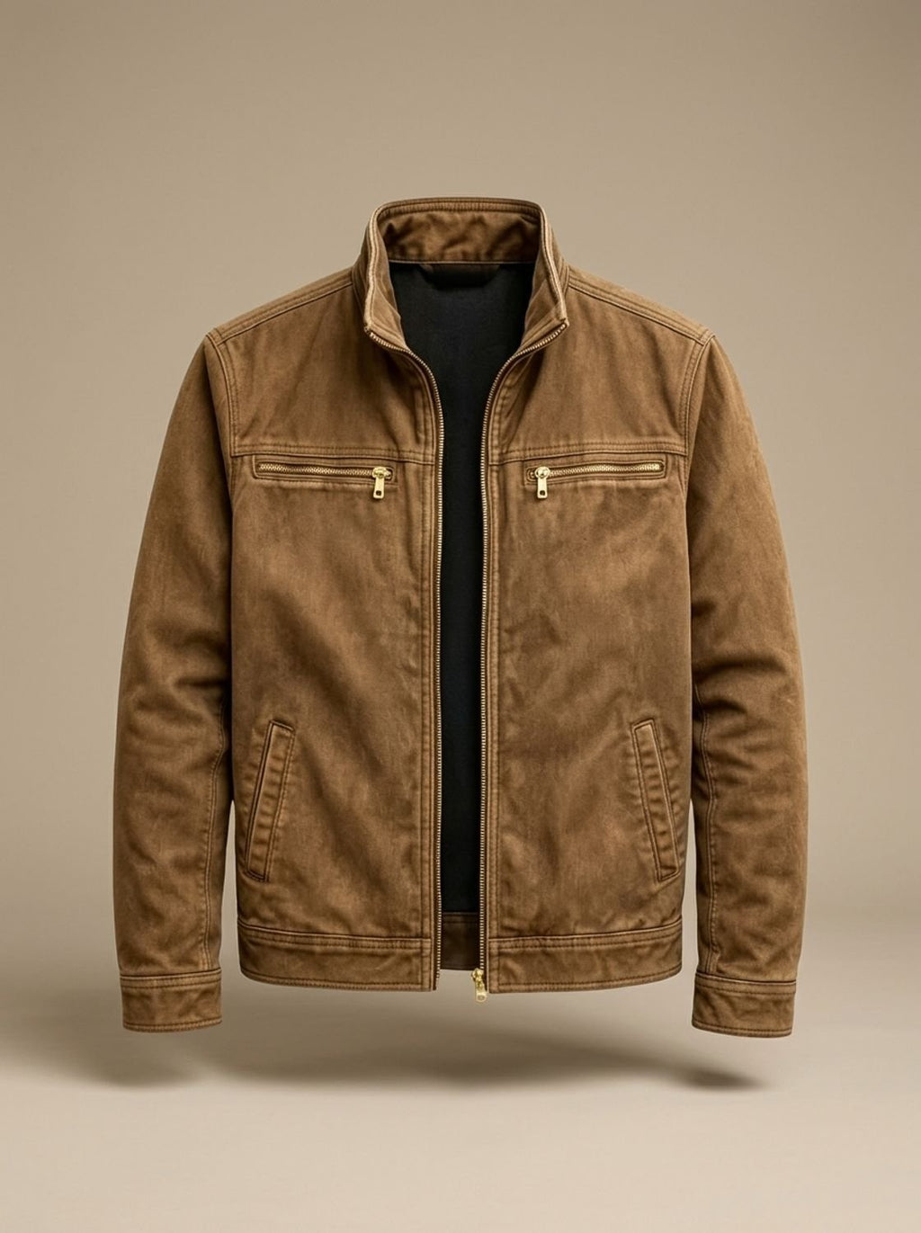 Men's Cotton Zip Jacket with Stand Collar and Pockets