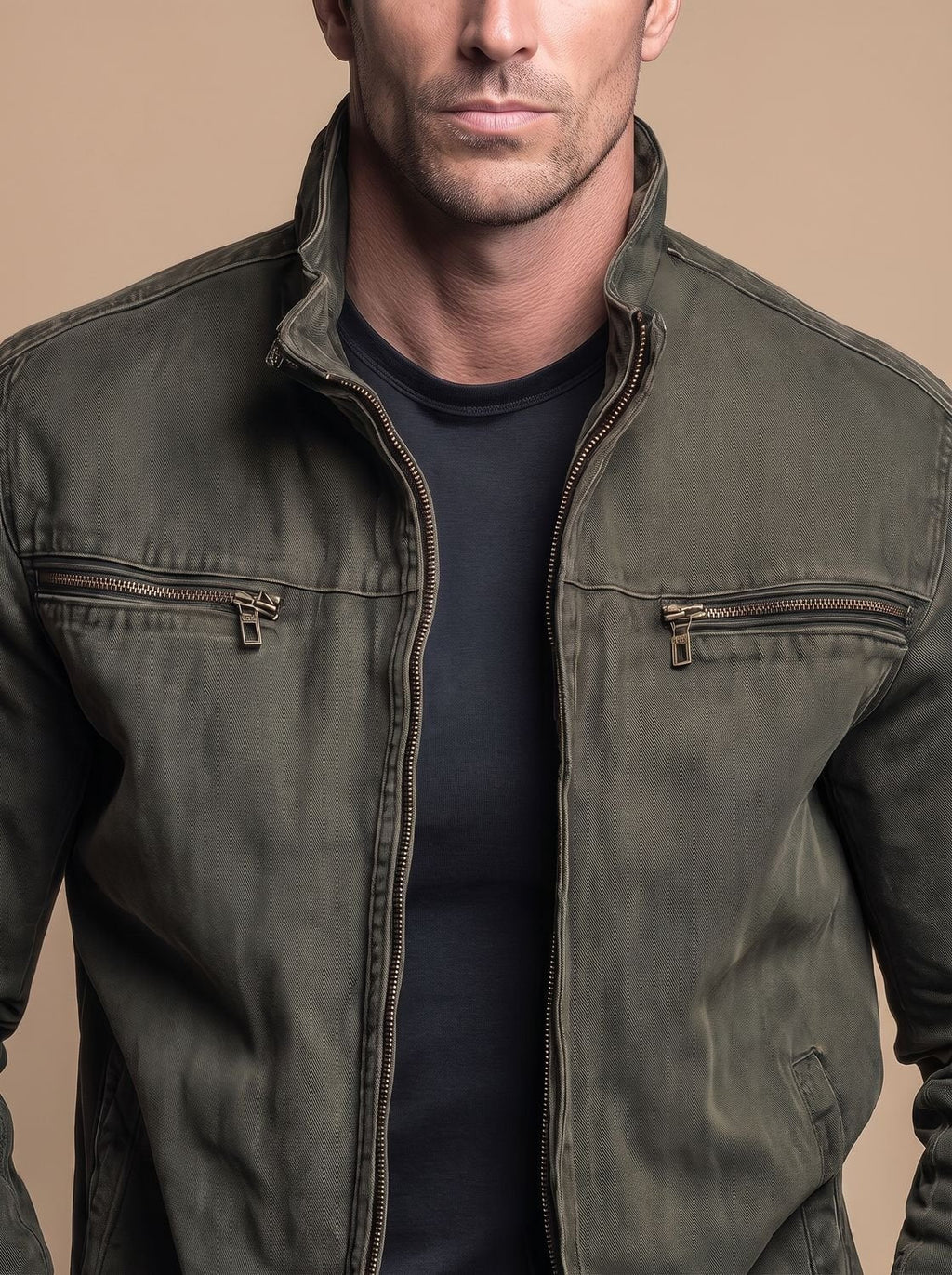 Men's Cotton Zip Jacket with Stand Collar and Pockets