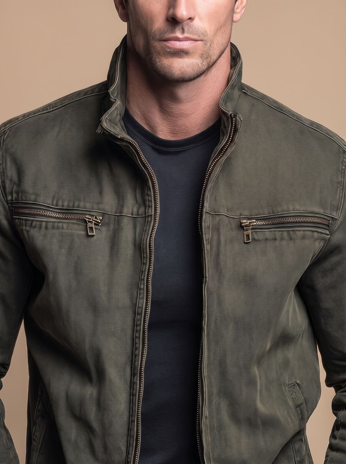 Men's Cotton Zip Jacket with Stand Collar and Pockets
