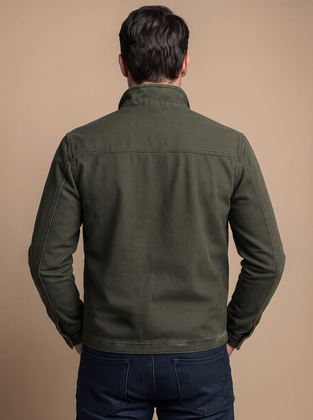 Men's Cotton Zip Jacket with Stand Collar and Pockets