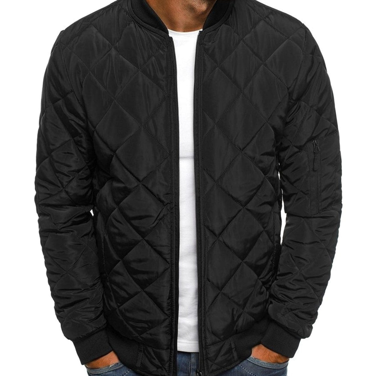 Men's Quilted Diamond Stitch Zip Bomber Coat