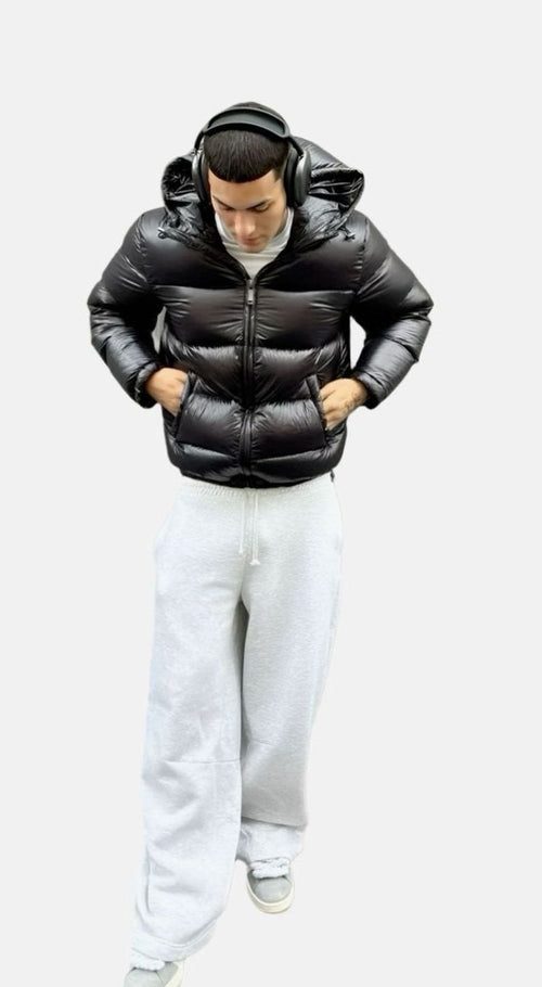 Men's High-Gloss Padded Hooded Coat with Quilting