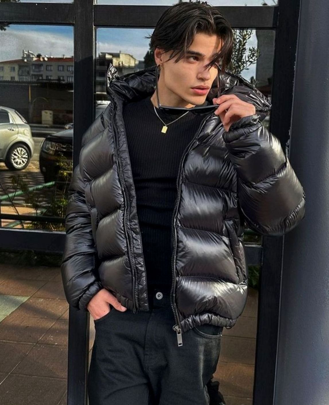 Men's High-Gloss Padded Hooded Coat with Quilting