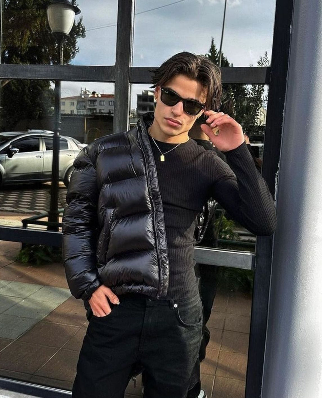 Men's High-Gloss Padded Hooded Coat with Quilting