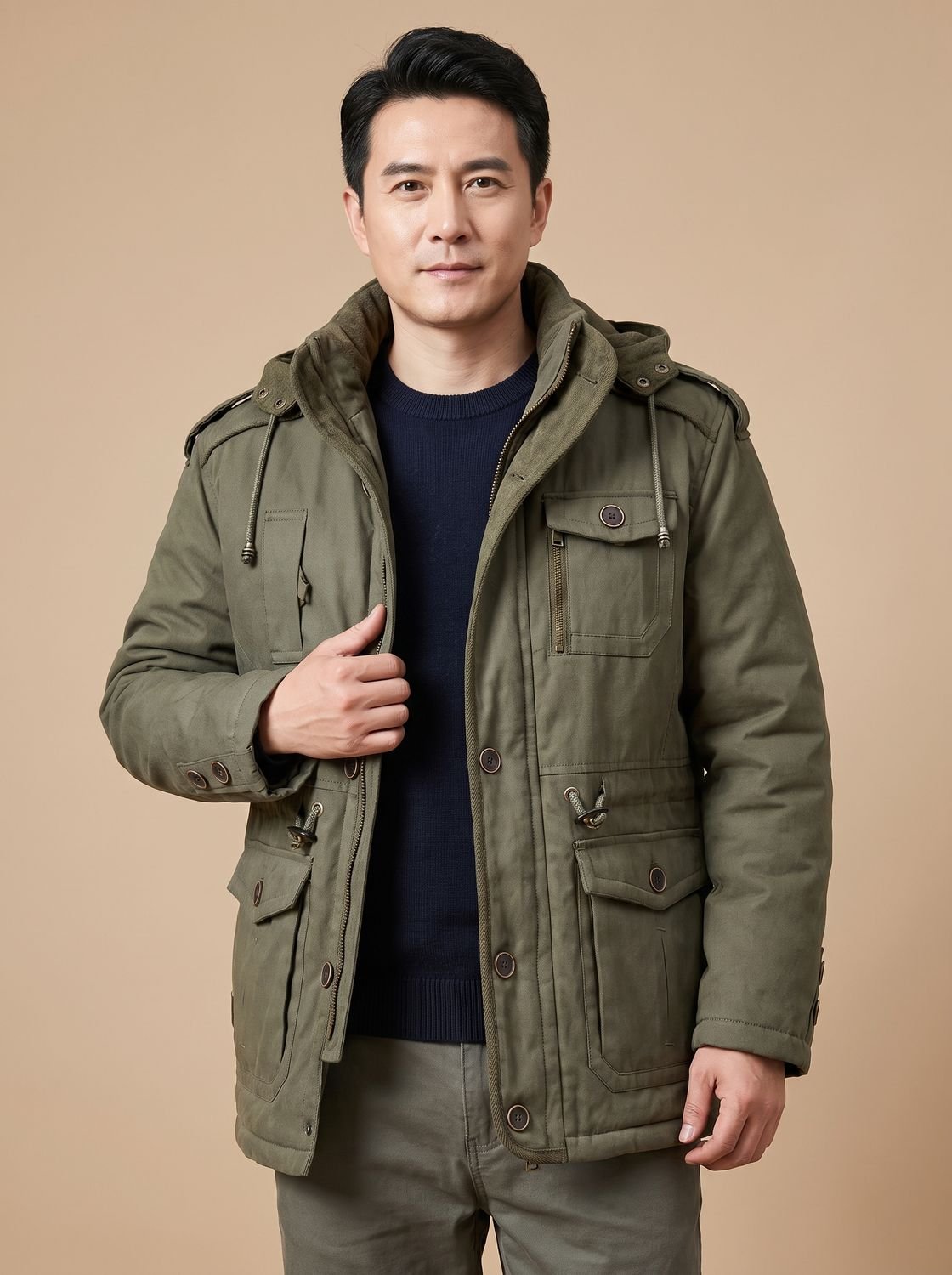 Men's Military-Style Insulated Winter Coat with Detachable Hood
