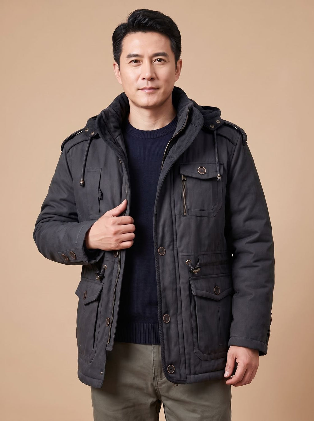 Men's Military-Style Insulated Winter Coat with Detachable Hood