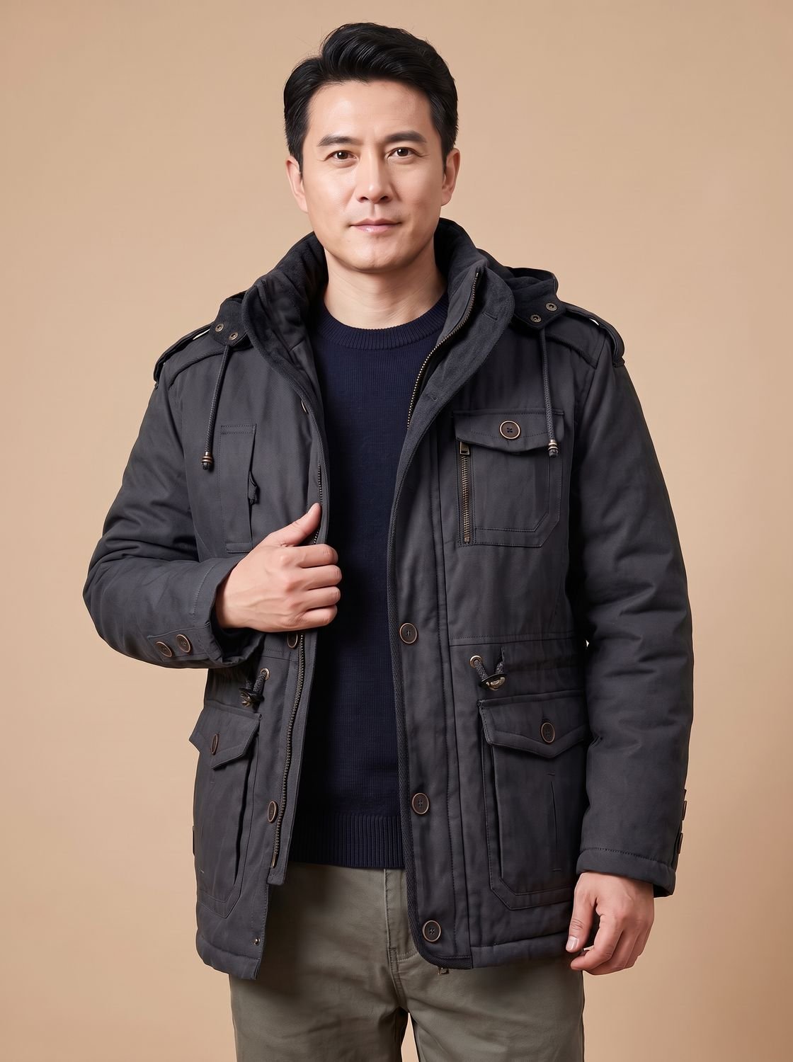 Men's Military-Style Insulated Winter Coat with Detachable Hood
