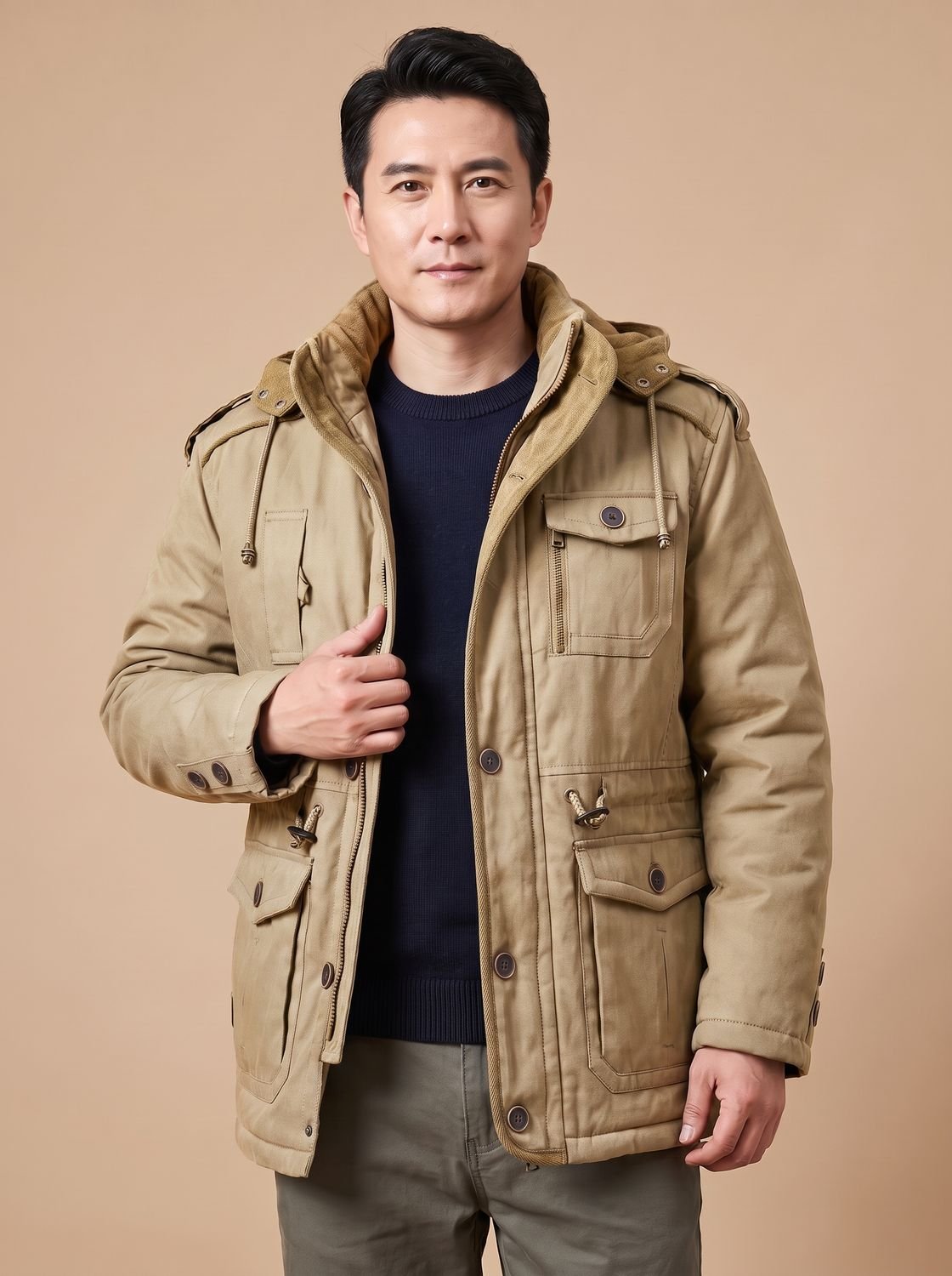 Men's Military-Style Insulated Winter Coat with Detachable Hood