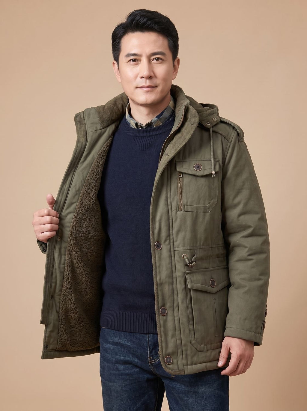 Men's Military-Style Insulated Winter Coat with Detachable Hood