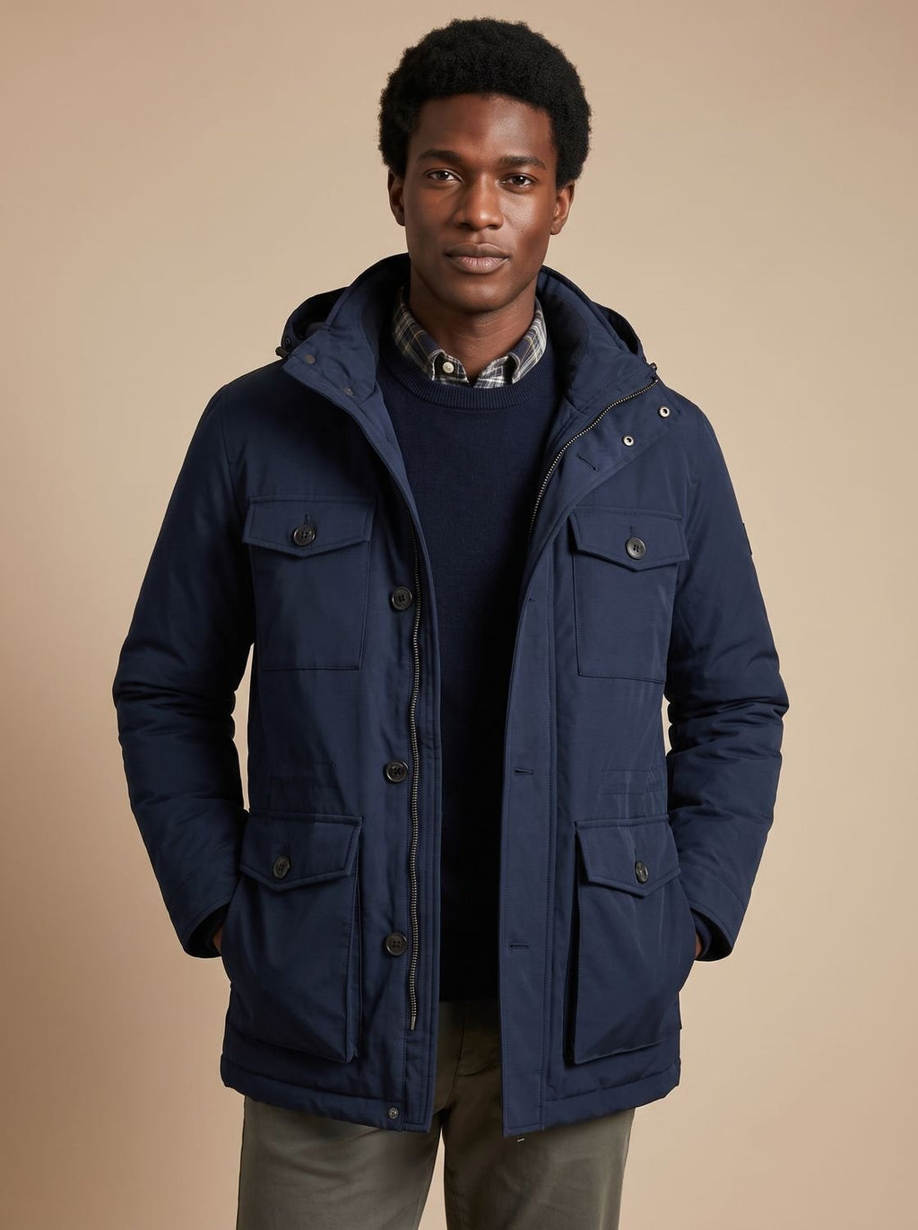 Men's Military-Style Insulated Winter Coat with Detachable Hood