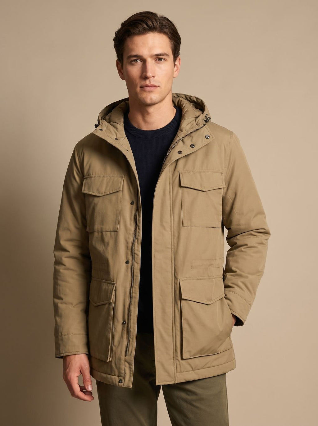 Men's Military-Style Insulated Winter Coat with Detachable Hood