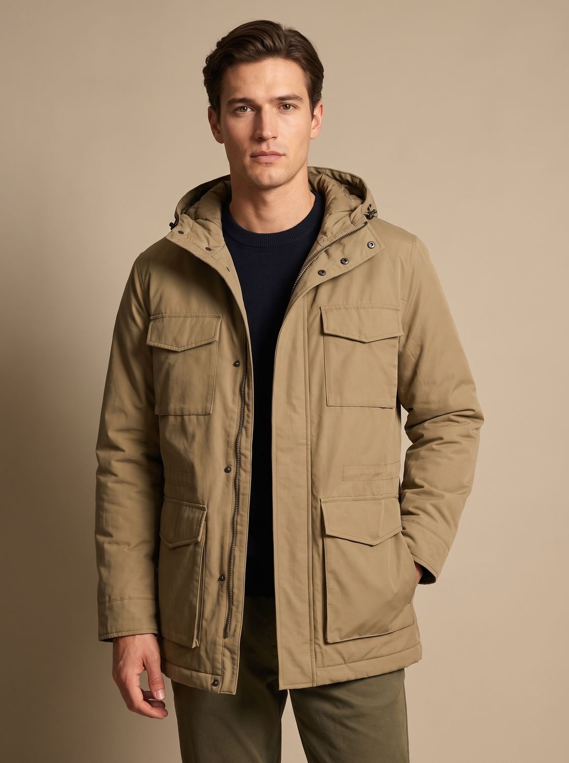 Men's Military-Style Insulated Winter Coat with Detachable Hood