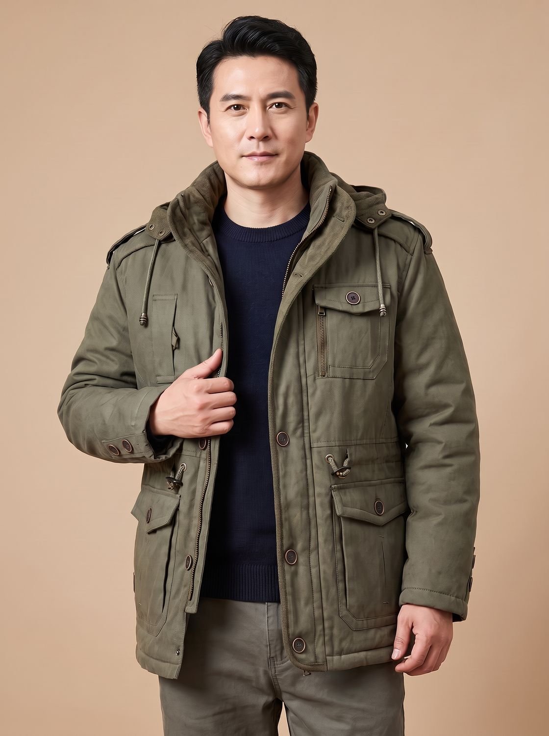 Men's Military-Style Insulated Winter Coat with Detachable Hood
