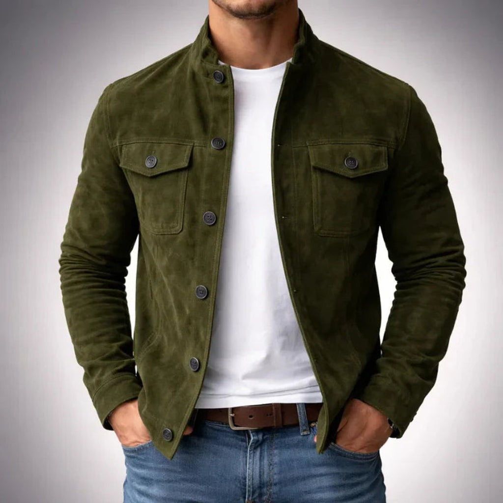 Men's Stand-Collar Italian Suede Coat with Button Front