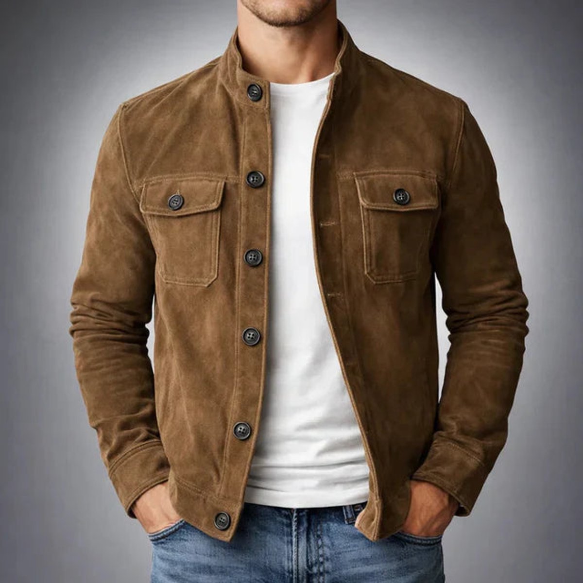 Men's Stand-Collar Italian Suede Coat with Button Front
