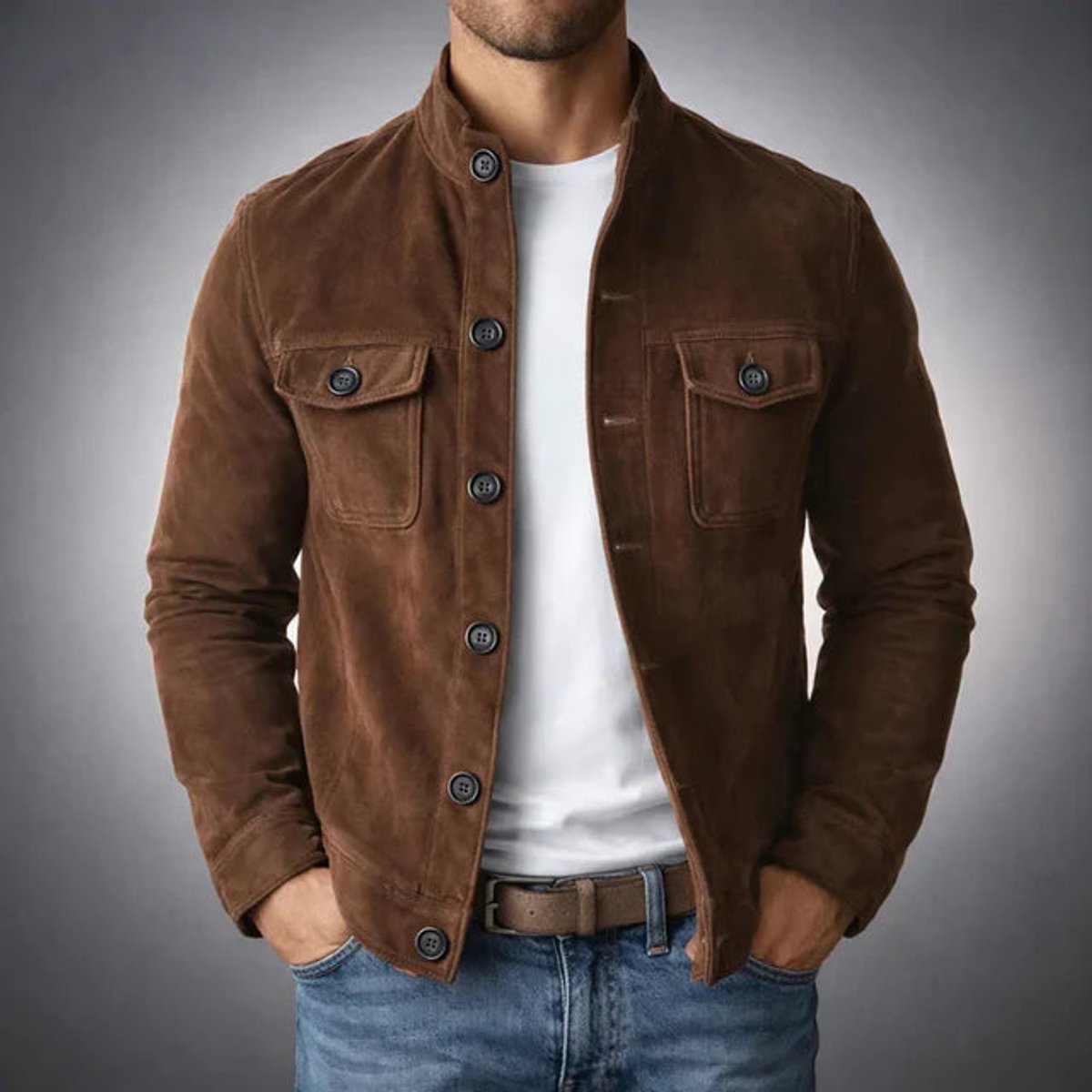 Men's Stand-Collar Italian Suede Coat with Button Front