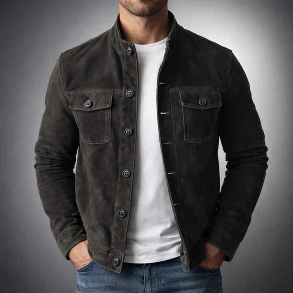 Men's Stand-Collar Italian Suede Coat with Button Front