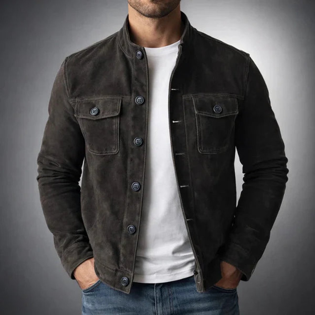Men's Stand-Collar Italian Suede Coat with Button Front
