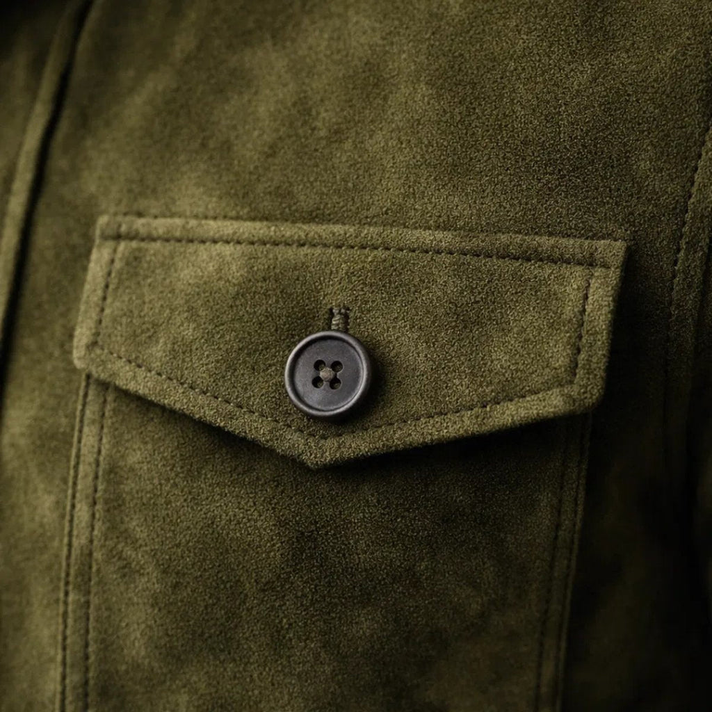 Men's Stand-Collar Italian Suede Coat with Button Front
