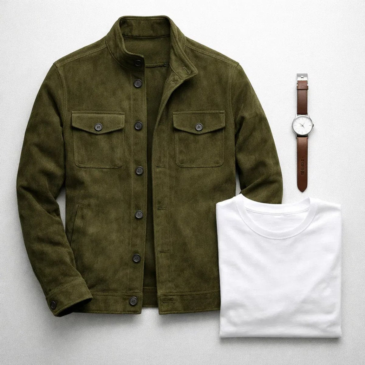 Men's Stand-Collar Italian Suede Coat with Button Front